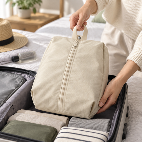 Beige Two-Compartment Travel Shoe Storage Bag