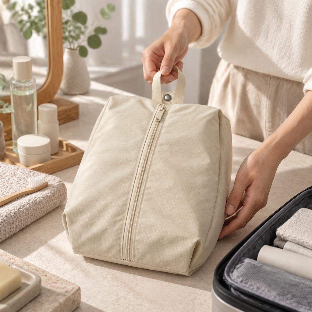 Beige Two-Compartment Travel Shoe Storage Bag